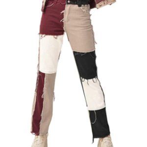 Women's Patchwork Pants High-Waisted Distressed, Size L